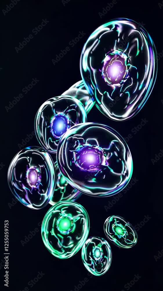 Poster glowing biological cells with vibrant energy cores, creating a futuristic and microscopic sci-fi atm