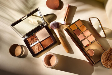 Makeup set, earthy tones, warm atmosphere with a cinematic look