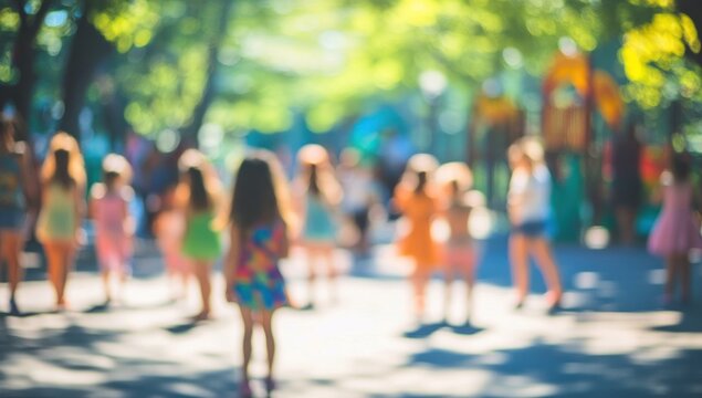 Blurry Summer Playground Scene: Children Playing in a Sunny Park