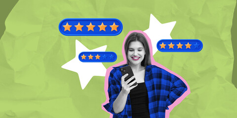 Smiling woman reading customer reviews with star rating icons on