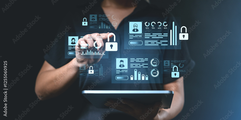 Poster digital data security concept with virtual locks and analytics interface.