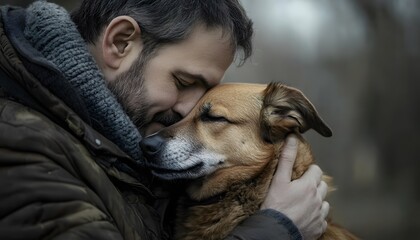 A man affectionately embraces his dog with eyes closed tight