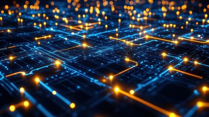 Fototapeta premium Dark background with bright neon glowing lines forming a tech-inspired grid