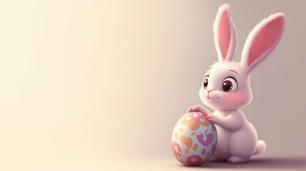 Fototapeta premium Adorable white bunny holding a decorated red Easter egg on a soft pastel background.