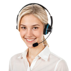 Call Center Agent mit Headset - freundlich l&auml;chelnde h&uuml;bsche blonde junge Frau, isoliert / freigestellt -  Callcenter Supporter, Hotline