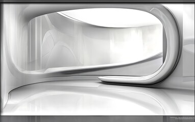 Fototapeta premium Futuristic white interior design, curved walls, bright light, modern architecture, background for website