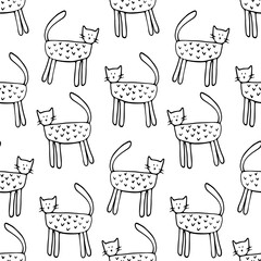 Hand-Drawn Cute Cat Pattern - Playful Minimalist Line Art Illustration of Whimsical Feline Sketches on White Background