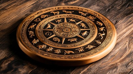 Obraz premium A detailed illustration of the Indian zodiac wheel engraved on a golden plate, placed on a wooden table