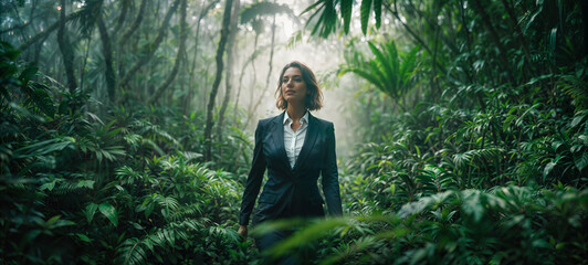 Eine formelle Gesch&auml;ftsfrau l&auml;uft durch einen Dschungel