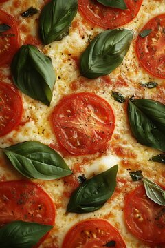 A macro shot of a freshly baked Margherita pizza with vibrant tomato sauce, melted mozzarella, and fresh basil leaves, creating a homely feel, with an area left for branding or text
