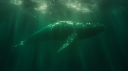 Fototapeta premium Solitary Humpback Whale Drifting Silently Through the Deep Green Sea Depths Peaceful Marine Scene