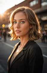 Eine h&uuml;bsche junge blonde Gesch&auml;ftsfrau in formeller Business-Kleidung steht an einer Stra&szlig;e in einer Stadt bei Sonnenuntergang