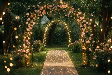 Fototapeta premium Romantic rose archway with fairy lights, leading to a garden path.