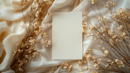 Elegant Save the Date Card with Soft Fabric, Dried Petals, and Warm Light in Minimalistic Style