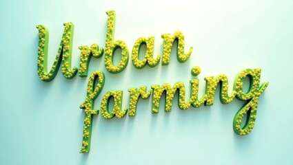 Urban farming concept with green typography on a light blue backdrop