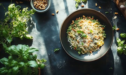 A comforting plate of pesto pasta with toasted pine nuts and parmesan, surrounded by fresh herbs, served in a homey kitchen environment, with space for a customizable text overlay