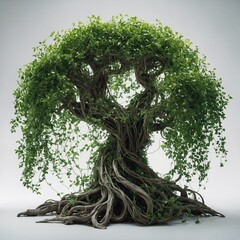 "A fantasy tree with twisting green vines and ethereal energy on a white background."