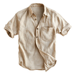 A light-colored short-sleeve shirt with a pocket, featuring a relaxed fit and rolled-up sleeves, showcasing a casual style.