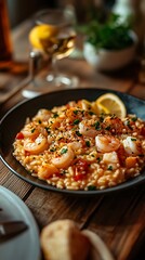A comforting plate of risotto with seafood like shrimp and scallops, served with a side of lemon wedges, placed on a homely wooden table with warm lighting, leaving room for text overlay