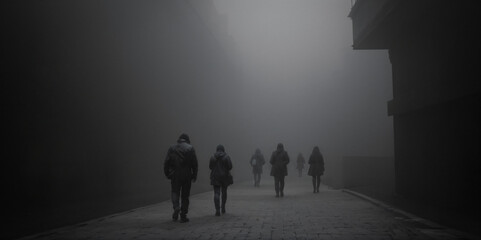 Personen laufen durch den Nebel / Smog in einer Stadt
