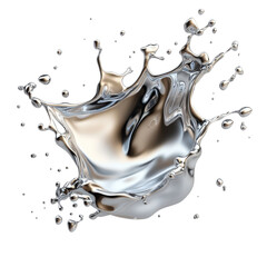 A splash of liquid with dynamic, flowing shapes and droplets radiating outward, showcasing a fluid motion.