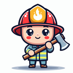 Cute firefighter in uniform holding an axe