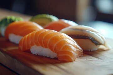 close-up photo of salmon sushi on wooden plate. japanese asain culture