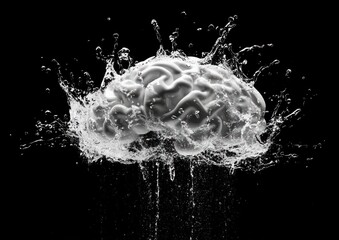 Water splashing on a 3D human brain model against black background.