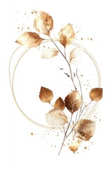 Watercolor autumn leaves branch in gold circle frame.
