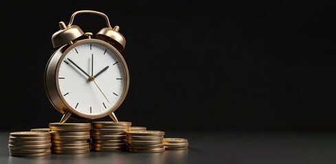 Banner with copy space on the right, stack of coins and clock hands on black background. Concept of the idea of time and money
