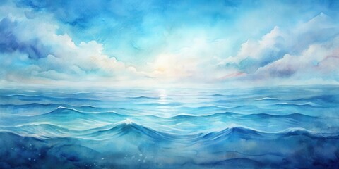 Fototapeta premium Serene Ocean Landscape A Watercolor Painting of Gentle Waves Under a Cloudy Sky