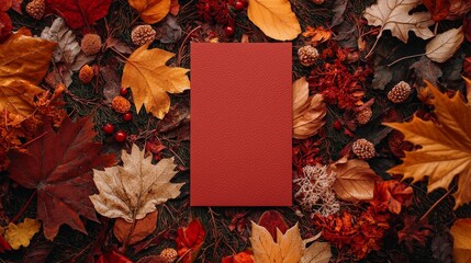 Cozy Autumn Wedding Invitation Flat Lay with Elegant Stationery in Warm Earthy Tones and Seasonal Leaves