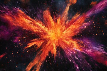 Dramatic Abstract Burst of Intense Fiery Reds, Bright Oranges, and Deep Purples, Creating a Vibrant Explosion of Color in a Dark Background, Perfect for Artistic Wallpapers, Textures, and Copyspace.