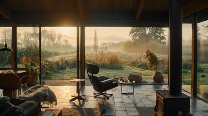Fototapeta premium Sunrise Serenity: Modern Glass House Overlooking Misty Meadow