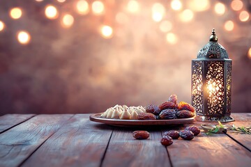 arranged iftar table with dates and blurry background