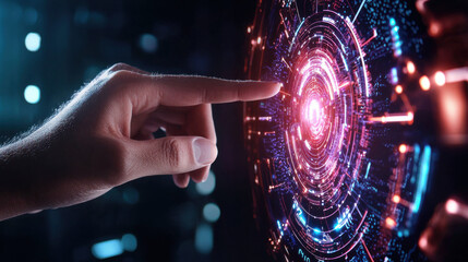 Fototapeta premium Close up of advanced medical technology being used with hand touching glowing interface