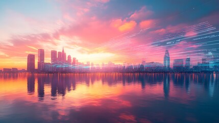 Fototapeta premium Sunset Cityscape with Data Streams: A Vibrant Digital Metropolis at Dusk