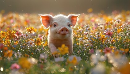 Naklejka premium Adorable Piglet Amidst a Field of Blossoming Flowers