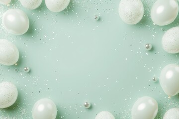 White balloons and confetti frame on pastel green background.