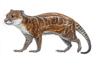 Naklejka premium Illustrated genet-like animal with brown fur, patterned back, slender body, and striped tail on a white background.