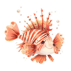 Adorable cartoon lionfish swims in the ocean.  Warm orange and white colors create a cheerful underwater scene.