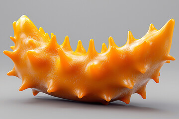 Close-up of an orange, spiky fruit with a smooth texture, set against a neutral gray background.