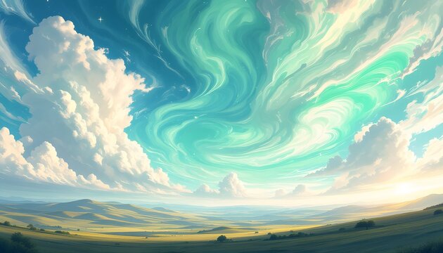 Whimsical Swirling Sky Landscape with Rolling Hills