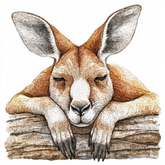 Watercolor illustration of a kangaroo resting its head on a log with its eyes closed in peaceful slumber.