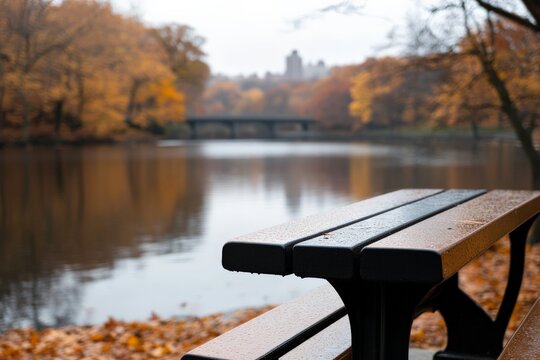 Park bench overlooking a serene lake with autumn foliage in a tranquil setting during early morning hours - Powered by Adobe