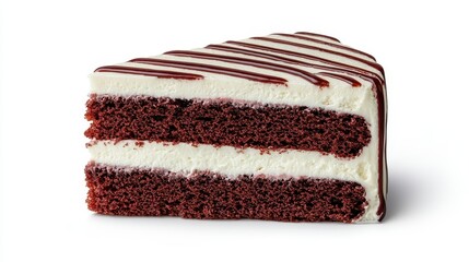 A slice of rich red velvet cake layered with cream cheese frosting, showcasing a perfect balance of flavors and textures.
