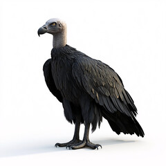 Obraz premium A large, dark vulture with a bald head stands against a bright white background.