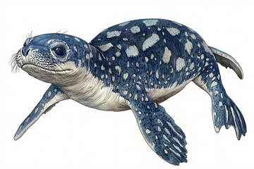 Fototapeta premium Watercolor illustration of a spotted seal pup, showcasing its sleek form and playful, inquisitive expression against a plain background.