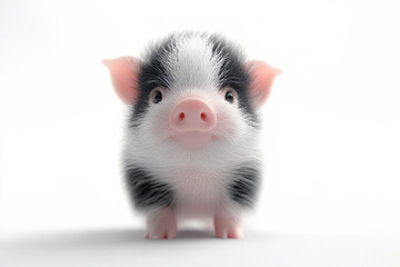 Fototapeta premium A small, adorable piglet with black and white fur and a pink snout stands against a bright white background.