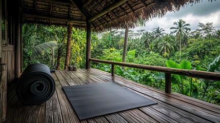 A serene outdoor yoga space featuring a black yoga mat rolled out on a wooden deck, surrounded by lush greenery and tall palm trees, exuding tranquility and harmony with nature.